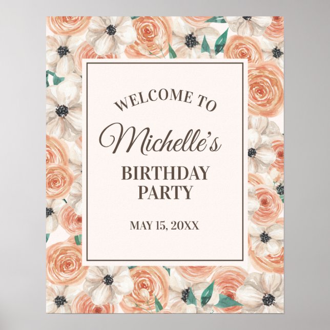 Poster Peach Rose Blanc Floral Fête d'anniversaire Bienve (Devant)