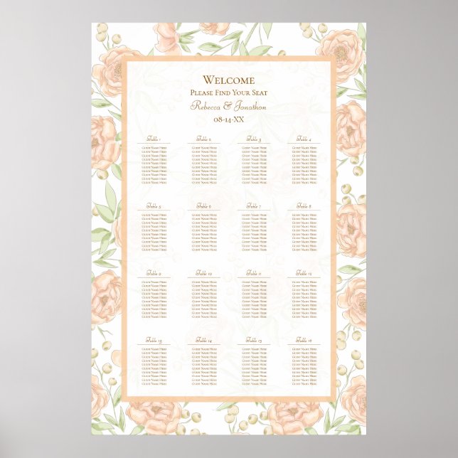 Poster Peach Rose Wedding Seating Chart (Devant)