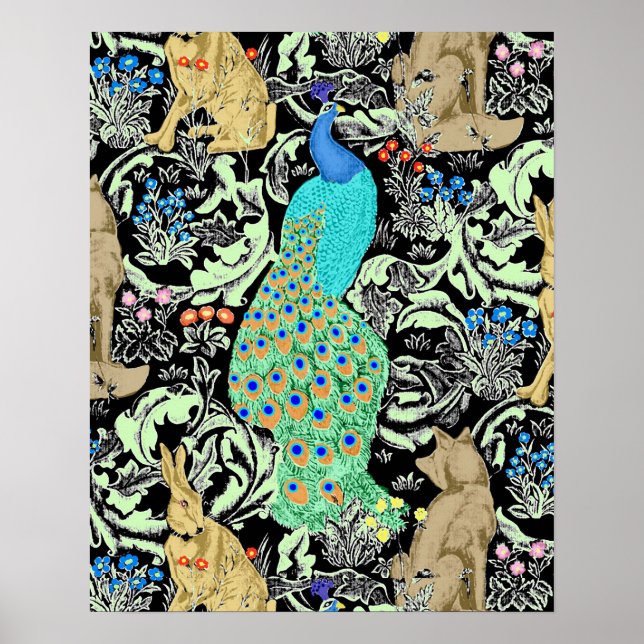 Poster Peacock Art Nouveau Impression, Turquoise & Neutra (Devant)