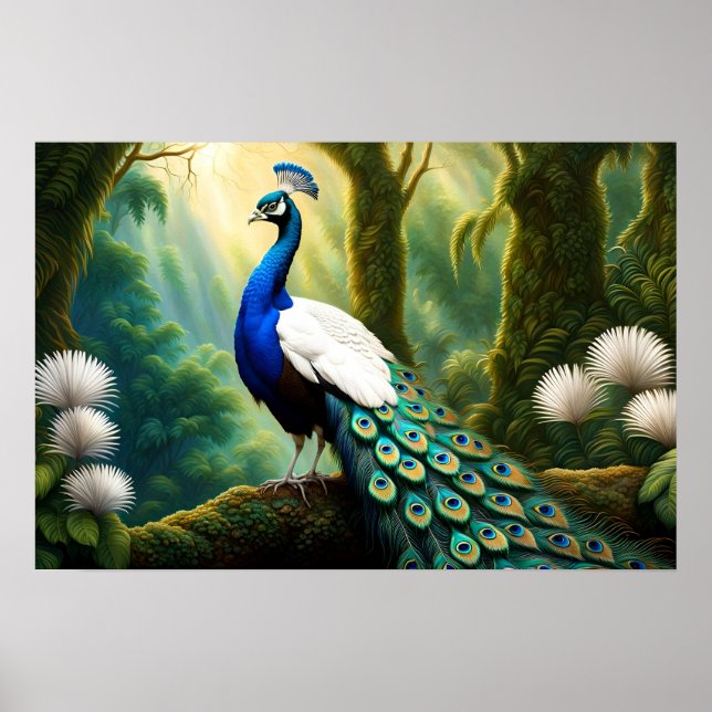 Poster Peacock blanc et bleu majestueux en forêt (Devant)