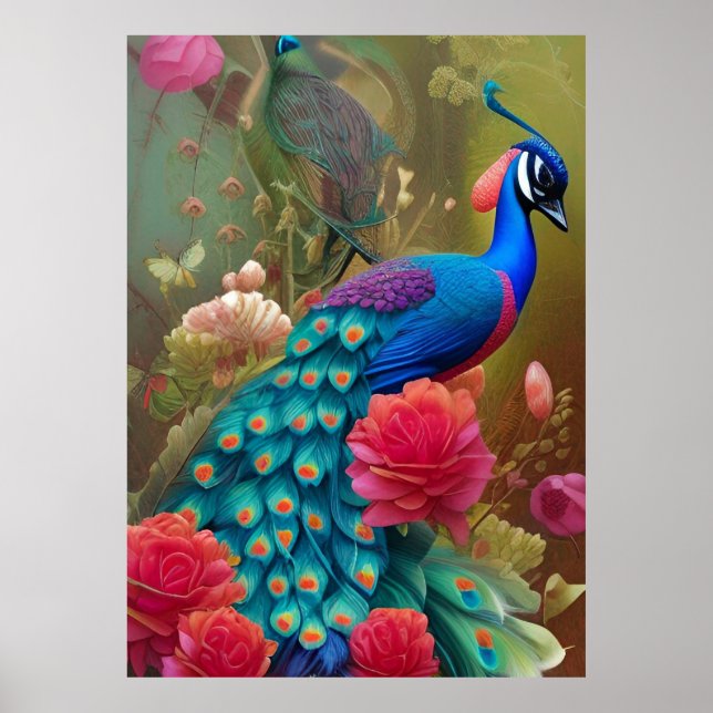 Poster Peacock Bleu en Coeur Rose Jardin Rose (Devant)