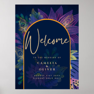 Poster Peacock Blue Jewel Tones Floral Gold Texte Mariage