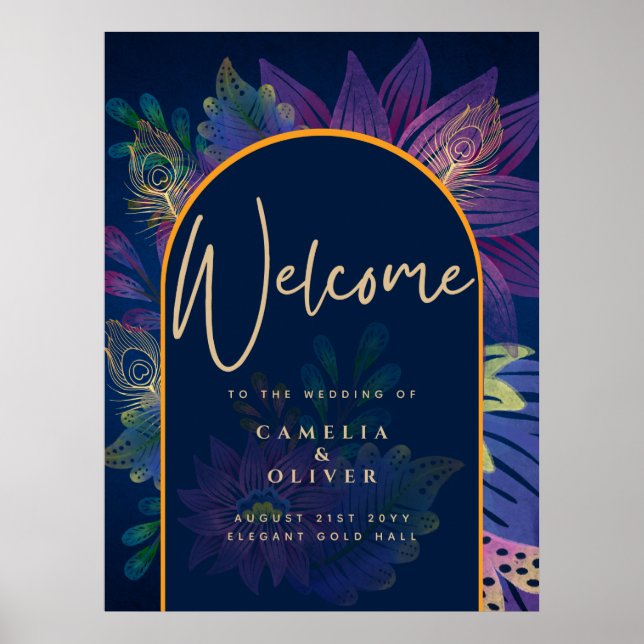 Poster Peacock Blue Jewel Tones Floral Gold Texte Mariage (Devant)