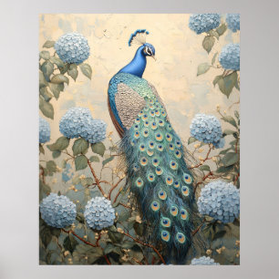 Poster Peacock Élégant avec Peinture à l'Huile d'Hydrange