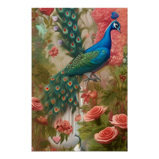 Poster Peacock en Apricot Jardin Rose (Devant)