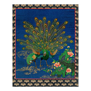 Poster Peacock et Peahen, illustration japonaise,