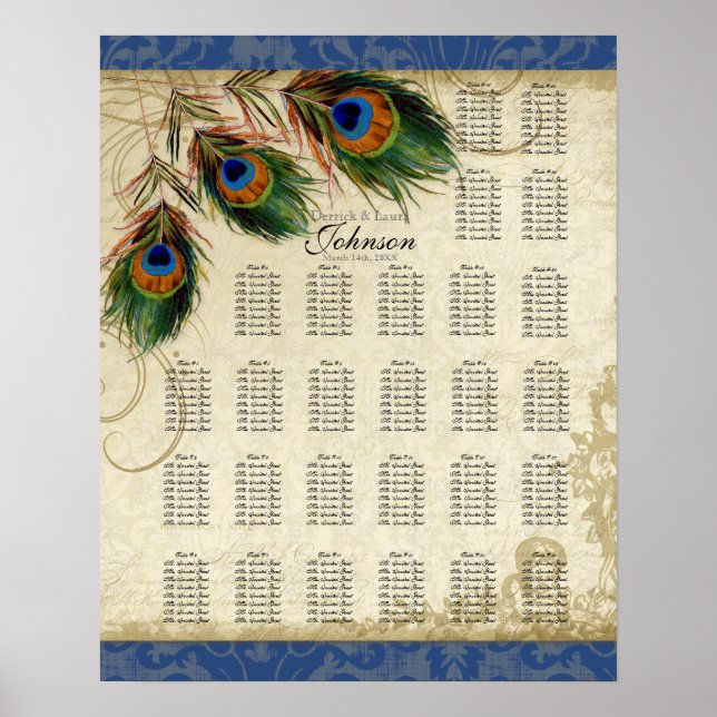 Poster Peacock Feather Marine Table de réception Carte de (Devant)