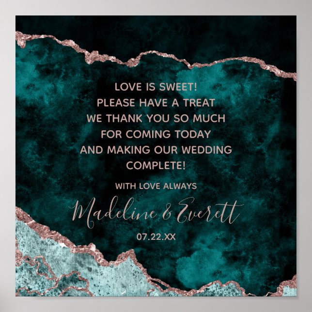 Poster Peacock Green & Rose Gold Love is Sweet Table Sign (Devant)