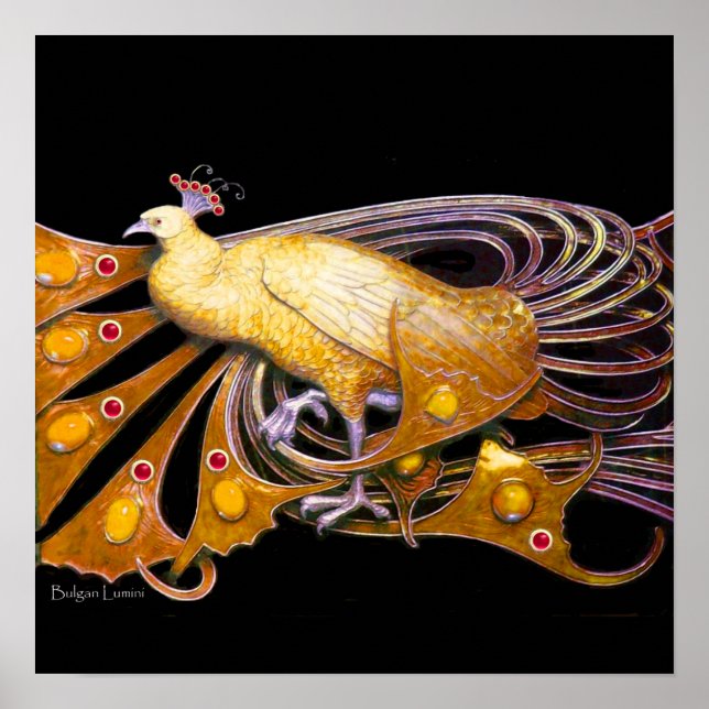 Poster PEACOCK, jaune rouge violet noir (Devant)