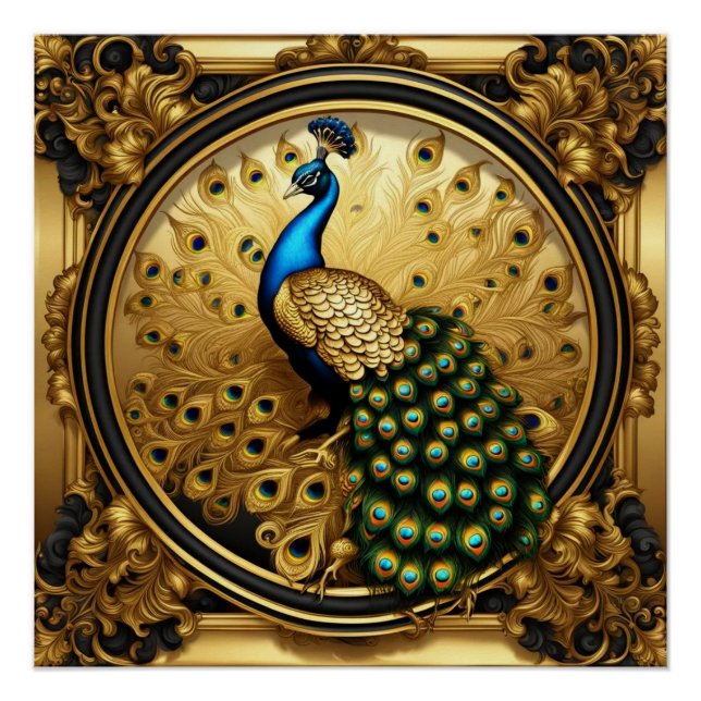 Poster Peacock or et cadre ornemental noir (Devant)