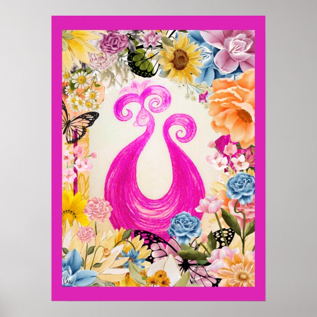 Poster Peacock Plum rose avec fleurs colorées (Devant)