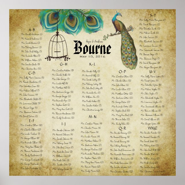 Poster Peacock Rustic Seating Chart autour de 130 invités (Devant)