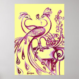 Poster PEACOCKS IN LOVE, rouge violet et jaune