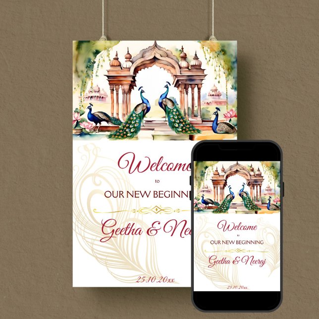 Poster Peacocks lotus garden mariage indien signe de bien (Peacocks lotus royal garden Indian wedding welcome sign editable template digital download)