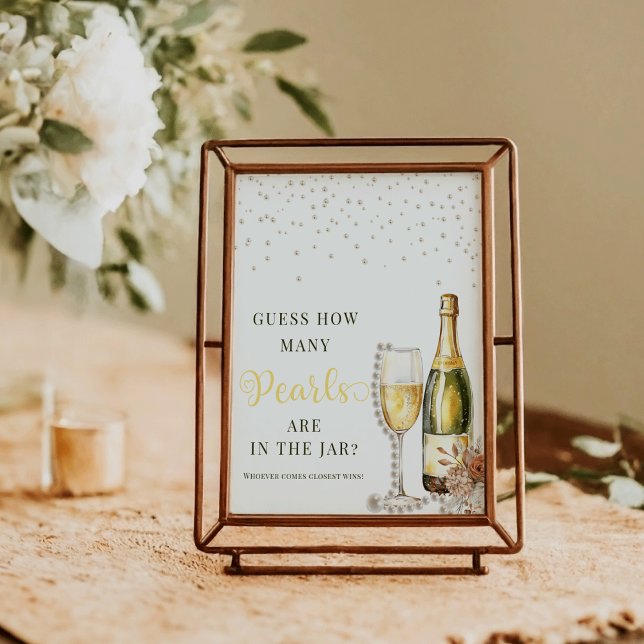 Poster Pearls Prosecco Devine Combien De Jeu De Fête des  (Pearls and Prosecco Guess How Many Pearls Game Poster | Bridal Shower Guessing Game)