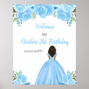 Poster Peau foncée Princesse Bleu Floral Bienvenue