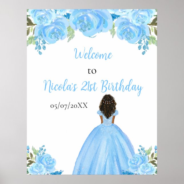Poster Peau foncée Princesse Bleu Floral Bienvenue (Devant)