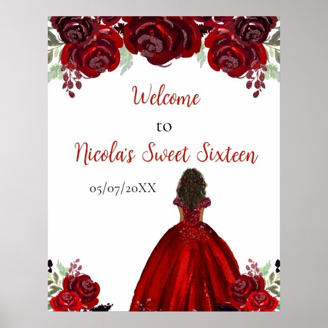 Poster Peau foncée Princesse Sweet sixteen rouge Bienvenu (Devant)
