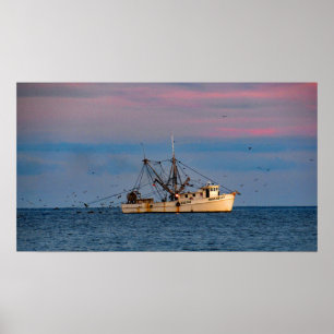 Poster Pêche à la crevette au coucher du soleil