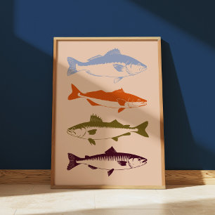 Poster Pêche côtière vintage Poissons Cabine du lac côtie