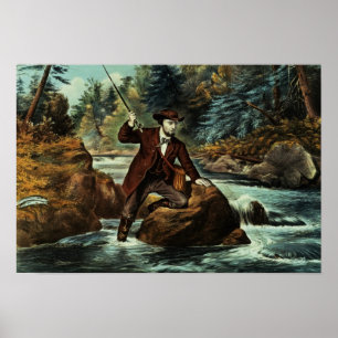 Poster Pêche de truite de ruisseau - un moment soucieux,