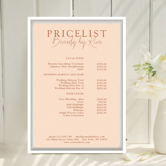 Poster Pêche, Élégant, Tarifs Salon (Personalized, Peach, Elegant, Salon Price List Poster)