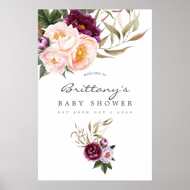 Poster Pêche et Bourgogne Baby shower Floral Bienvenue (Devant)