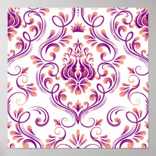 Poster Pêche et pourpre Damas motif floral élégant