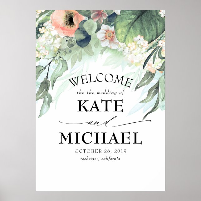 Poster Pêche et rose Floral Garden Mariage Bienvenue (Devant)