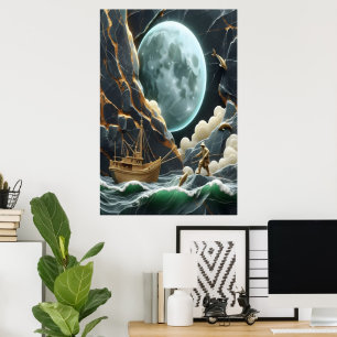 Poster Pêche Lune Sous La Falaise