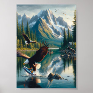 Poster Pêche majestueuse d'aigle capturé au lever du sole