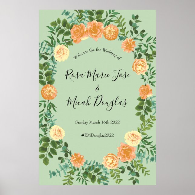 Poster Pêche Mariage vert Printemps Pastel Floral (Devant)