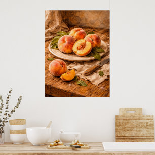 Poster Pêches fraîches sur bois une nature morte rustique