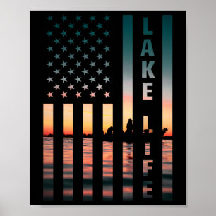 Poster Pêcheur de la vie au lac Coucher de soleil Drapeau