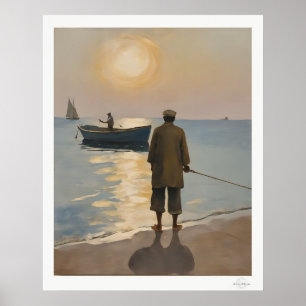 Poster Pêcheur de l'heure dorée en mer Peinture à l'huile