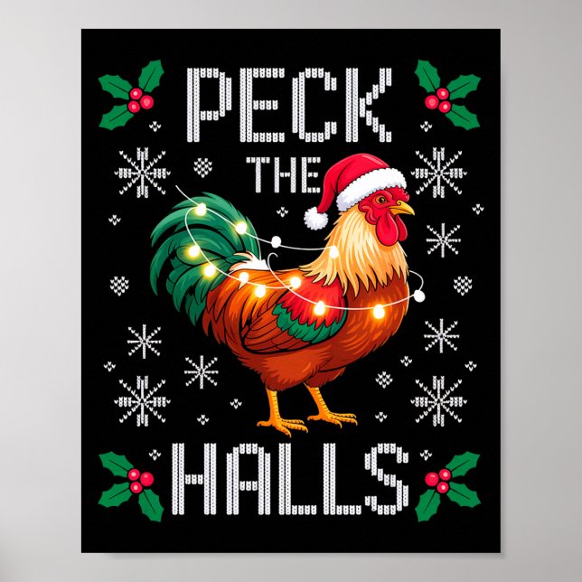 Poster Peck The Halls Chicken Christmas Lights Snowflakes (Devant)