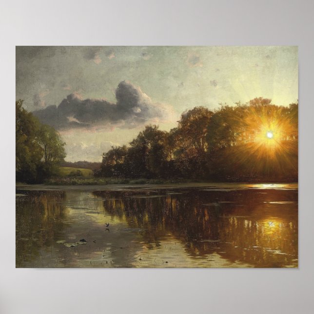 Poster Peder Monsted - Coucher de soleil sur un lac fores (Devant)