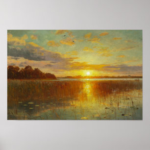 Poster Peder Monsted - coucher du soleil au-dessus d'un