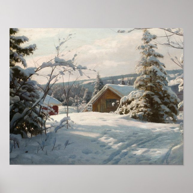 Poster Peder Monsted - Paysage hivernal éclairé par le so (Devant)
