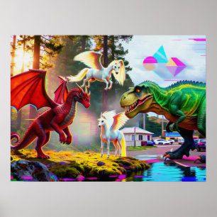 Poster Pégase, dragon et dinosaure mythiques et préhistor