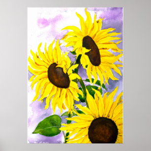 Poster peint à la main 3 tournesols jaunes aquarelle
