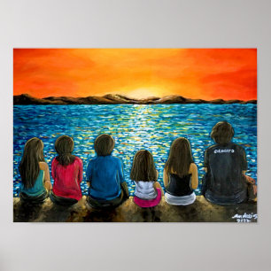 Poster peint sur le coucher de soleil en famille e