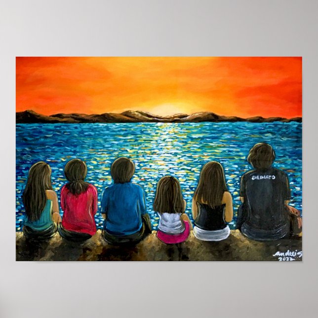 Poster peint sur le coucher de soleil en famille e (Devant)