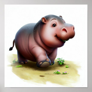 Poster Peinture 3D Aquarelle d'un Hippopotame mignon