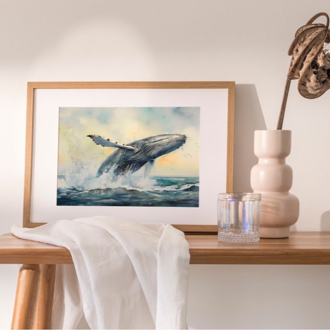 Poster Peinture à l'aquarelle de baleine à bosse (Captures the moment when a magnificent humpback whale breaches the ocean's surface.)