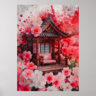 Poster peinture à l'aquarelle japonaise sur la fleur de c
