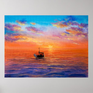 Poster Peinture à l'huile abstraite de bateau de pêche et