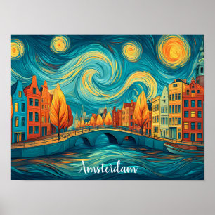 Poster Peinture à l'huile colorée du canal Amsterdam Holl