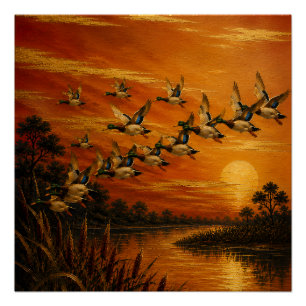 Poster Peinture à l'huile Coucher de soleil en rentrant c