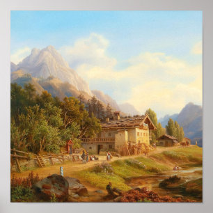 Poster Peinture à l'huile de chalet alpin vintage